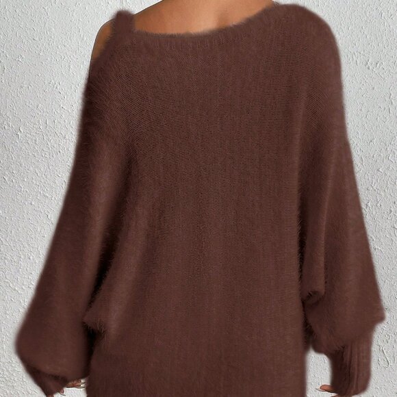 Coffee Brown Casual Women's Fuzzy Oblique Shoulder Beaded Sweater - Picture 2 of 6